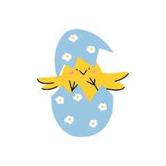 Cute newborn easter chicken in cracked egg with flower pattern. Good for greeting cards, banners, invitations, flyers.