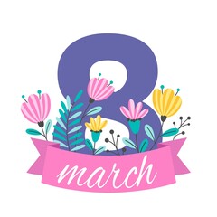 Neon Emblem with the date March 8 in a flat style in gentle calm colors. Ribbon with flowers and twigs. Vector illustration