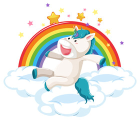 Obraz na płótnie Canvas Cartoon unicorn jumping on a cloud with rainbow