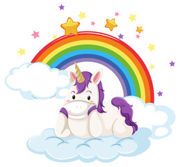 Little unicorn lying on a cloud with rainbow