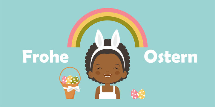 Easter banner template with happy Afro child with Easter eggs. Happy festive black skin kid. German lettering "Frohe Ostern", in English means "Happy Easter". Easter greeting  card