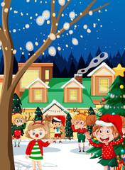 Outdoor scene with children celebrating Christmas