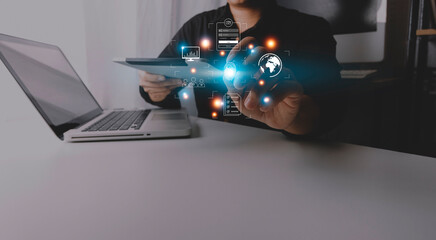 Online transactions, Businessman touching fingerprint scan provides security interface payment shopping banking and cloud computing network connection on virtual screen.