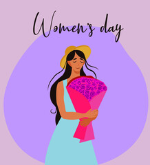 A sweet happy girl is holding a bouquet of spring meadow flowers in her hands. Cute cartoon young woman with long hair is smiling. International Women's Day, spring. Vector flat illustration. Spring.
