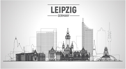 Leipzig Germany line skyline at white background. Flat vector illustration. Business travel and tourism concept with modern buildings. Image for banner or web site.