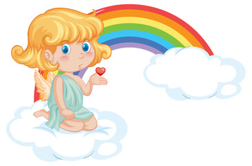 Angel girl sitting on a cloud with rainbow in caartoon style