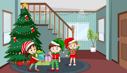 Obraz na płótnie Canvas Room scene with children celebrating Christmas