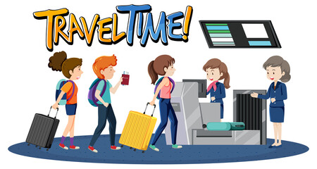 Travel Time typography design with passengers waiting in a line