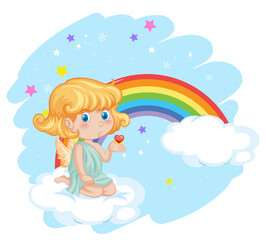 Angel girl on cloud with rainbow