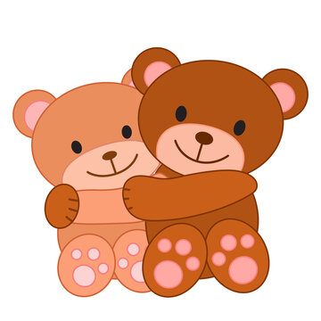 Two hugging bears. Cute cartoon illustration. Love and friendship concept. Print for Valentine day. Teddy bear hug his friend. Print for children, clothes, cards, nursery design and decor. 