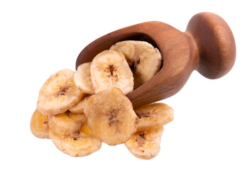Banana chips in wooden scoop, isolated on white background. Dried fruit snack.