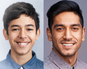 Growing more confident every year. A then and now image of a young boy and his adult self.