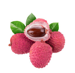 Lychee fruit with leaves isolated on white background. Tropical exotic fresh ripe fruit. Litchi chinensis. Clipping path.