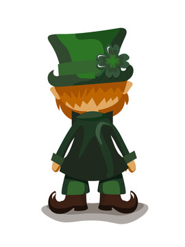 An Irish leprechaun with a red beard and a green clover leaf on his hat for St. Patrick's Day.