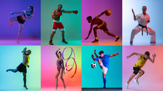 Collage. Portrait of young people, professional sportsmen training isolated over multicolored background in neon