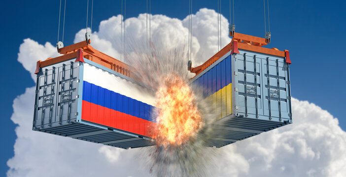 Trade war. Cargo containers with Russia and Ukraine national flags colliding. 3D Rendering 