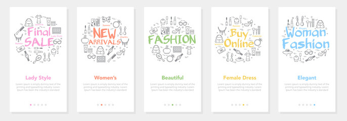 Womans fashion vertical white banners collection with linear vector illustrations and colorful typography