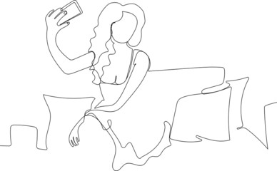 Continuous one line drawing of Cute Sexy girl sits on sofa and Take Photo with Selfie. Vector illustration. Minimal outline concept