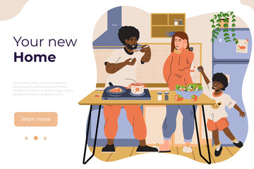 Happy family bought a new house. Cheerful young couple with kid cooking in kitchen of their new home. Real estate agency web banner template. Flat vector illustration