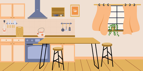 Cozy kitchen interior with furniture. Dining Room design in pastel colours with wooden furniture. Indoor home decor. Modern kitchen interior design in flat vector style