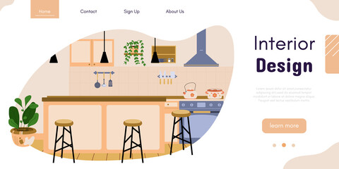 Kitchen interior design vector banner. Dining room decoration. Modern interior design service. Home renovation studio. Ad template for designing interiors online service