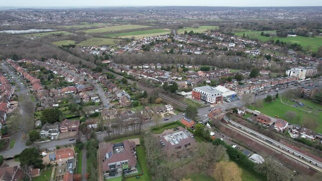 Chigwell Essex UK drone aerial view High street and residential roads high POV