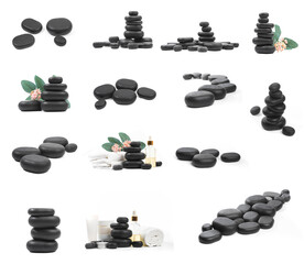 set of black spa stones isolated on white background.