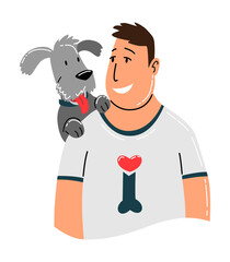 People and pet. Dog pet owner character. Man love his animal. Cute and adorable domestic animal