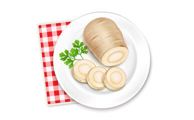Half piece of parsnip root vegetable with vegetable slices from top view