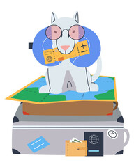 The dog with the air ticket sits on the suitcases. Rules for the transport of animals. Air travel with a dog. Flat vector illustration. Eps10