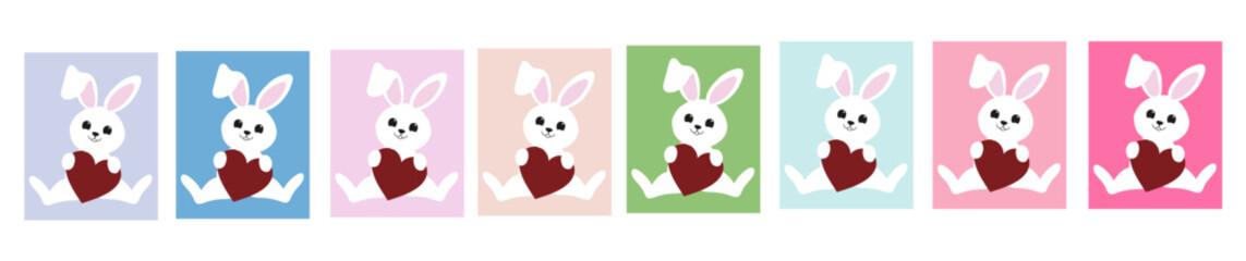 Collection of posters with a white rabbit (hare) with a heart on a colored background