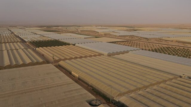 Aerial view of greenhouses and agricultural fields on big scale community farm in the Negev desert in Israel
