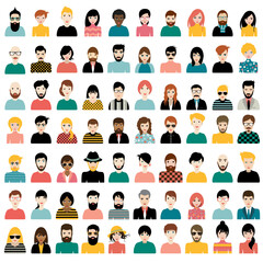 Mega set of persons, avatars, people heads  different nationality in flat style. Vector.