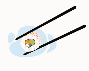 Chopsticks hold the roll. Traditional Japanese cuisine with fresh seafood. Cartoon hand drawn vector illustration.