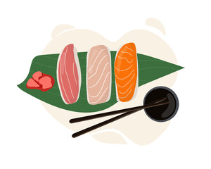 Set of traditional Japanese dishes of rolls and sushi with seafood. Served on a palm leaf. Cartoon vector illustration hand drawing © Ольга Дубровина