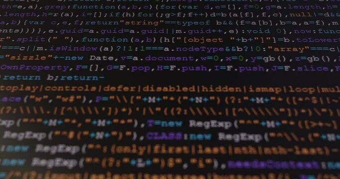 4K Close up shot programming tag code on PC Monitor scroll down. Background concept for programming and coding web development.