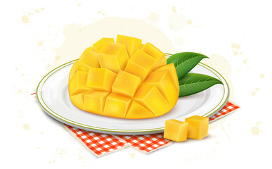 Fresh chopped mango in cubes  with green leaves vector illustration