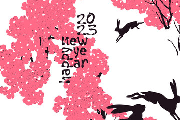 Horizontal poster with rabbits and flowering trees. Pink flowers and silhouettes of running bunnies. Vector illustration with New Year's greetings according to the Eastern calendar. Chinese New Year. - 488974784