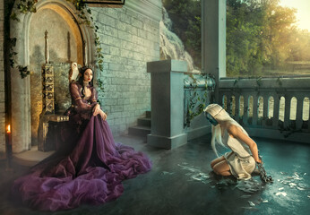 Artwork fantasy fairy evil insidious revenge woman queen sits on throne. Punishes captive girl...