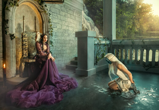 Artwork fantasy fairy evil insidious revenge woman queen sits on throne. Punishes captive girl princess metal chains. Shackles on hands , mask on face, kneels. Backdrop terrace medieval ancient room