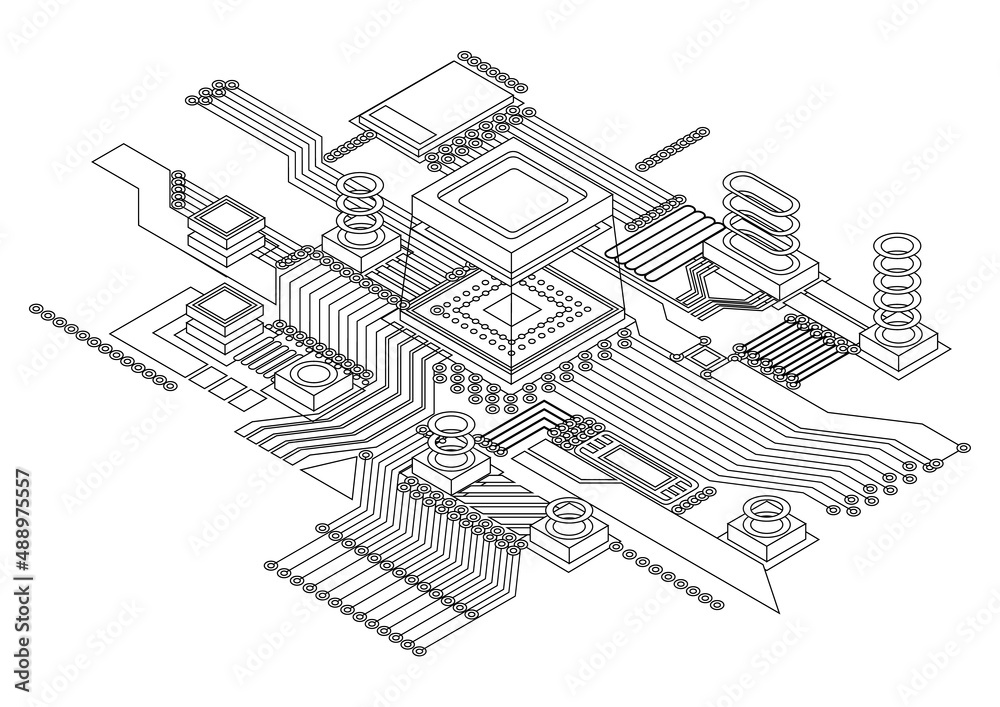 Poster electronic cpu digital chip monochrome. abstract computer processor and electronic components on mot
