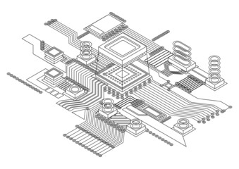 Electronic cpu digital chip monochrome. Abstract computer processor and electronic components on motherboard or circuit board. Eelectronic devices on microprocessor, hardware engineering. AI