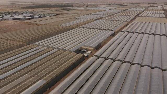 Tilting aerial footage of abstract pattern of greenhouses in cooperative farming community ('moshav') in the Negev desert in Israel
