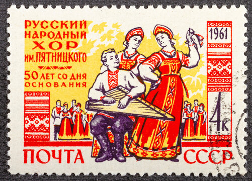 RUSSIA - CIRCA 1961: Stamp printed in USSR Russia , shows Russian National Pyatnitsky Choir, 50 years since foundation, circa 1961