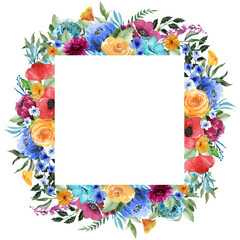 Rectangle Floral Frame, Wildflower Frame, Red, Yellow, Blue, Orange Flowers and Floral elements Square Frame, Watercolor asters, roses, peony, twig, Summer meadow flowers Border, Isolated on white