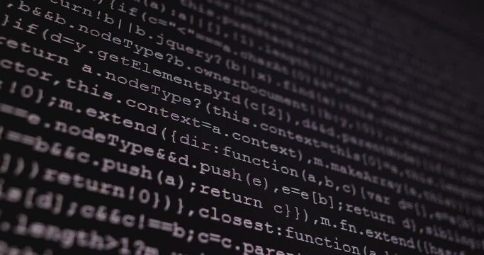 4K Close up shot programming tag code on PC Monitor scroll down. Background concept for programming and coding web development.