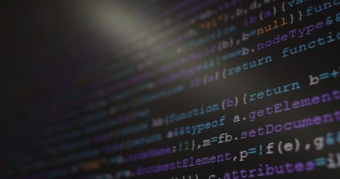 4K Close up shot programming tag code on PC Monitor scroll down. Background concept for programming and coding web development.