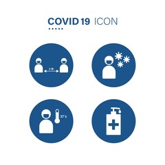 Symbol of Covid 19 icons on blue circle shape isolated on white background. Vector illustration.