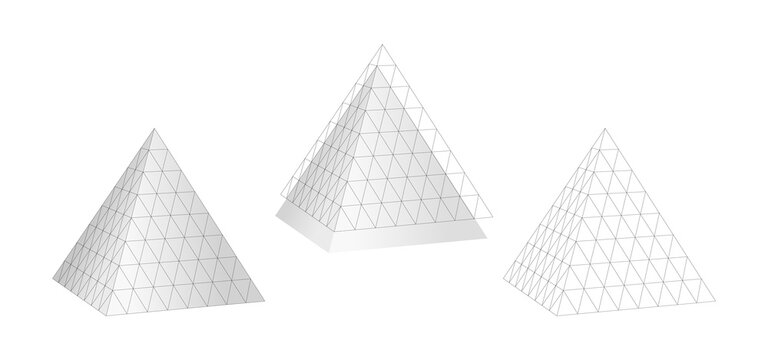 Geometric grid 3d pyramid. Gray triangle with monochrome mathematical digital network tracery creative polygonal vector structure.