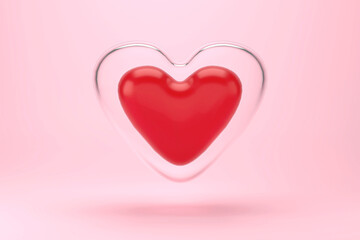 Small red heart that is covered by a large glass heart  isolate on pink background, 3D rendering
